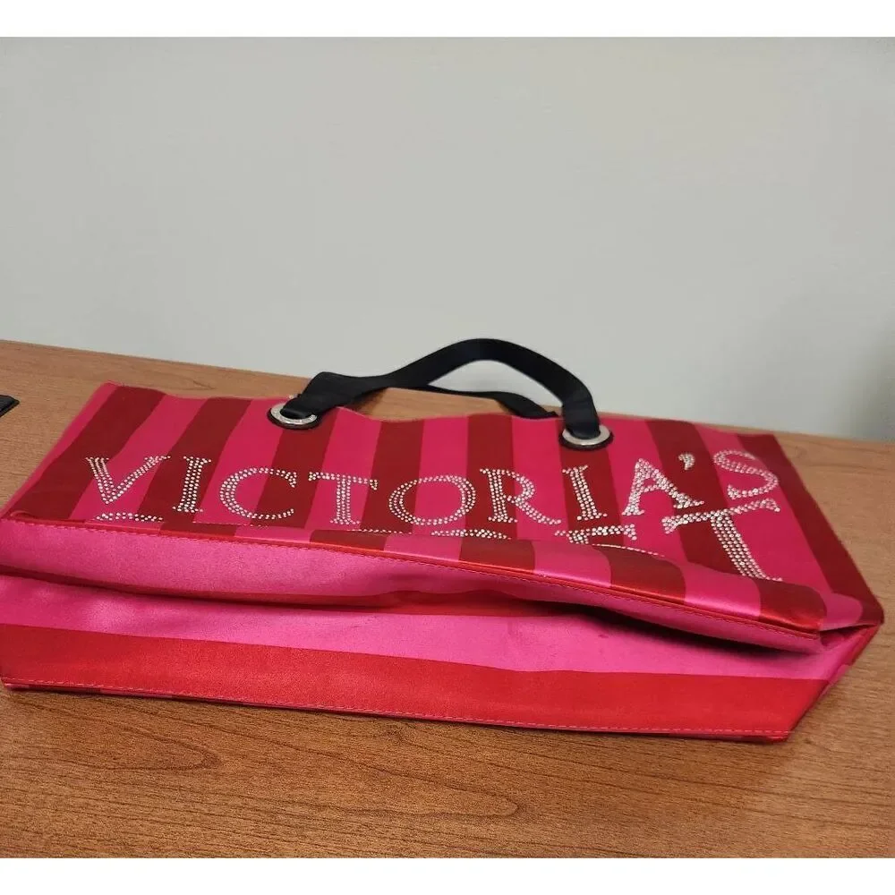 Victoria Secret Rhinestones Pink Red Vertical Stripe Large Tote Bag Weekender